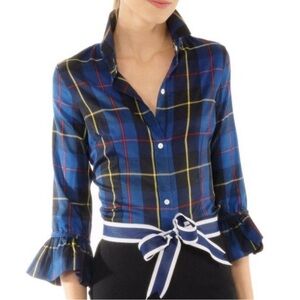 Gretchen Scott Priss Blouse Blue Plaid Button Down Ruffle Cuffs Small